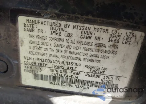 2004 Nissan Sentra 1.8S z USA, uszkodzony, nr VIN 3N1CB51D94L915964